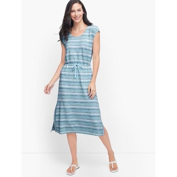 T by Talbots Womens Dress Sz Small Blue Stripe Drawstring Tie Waist Midi Preppy - Picture 1 of 10